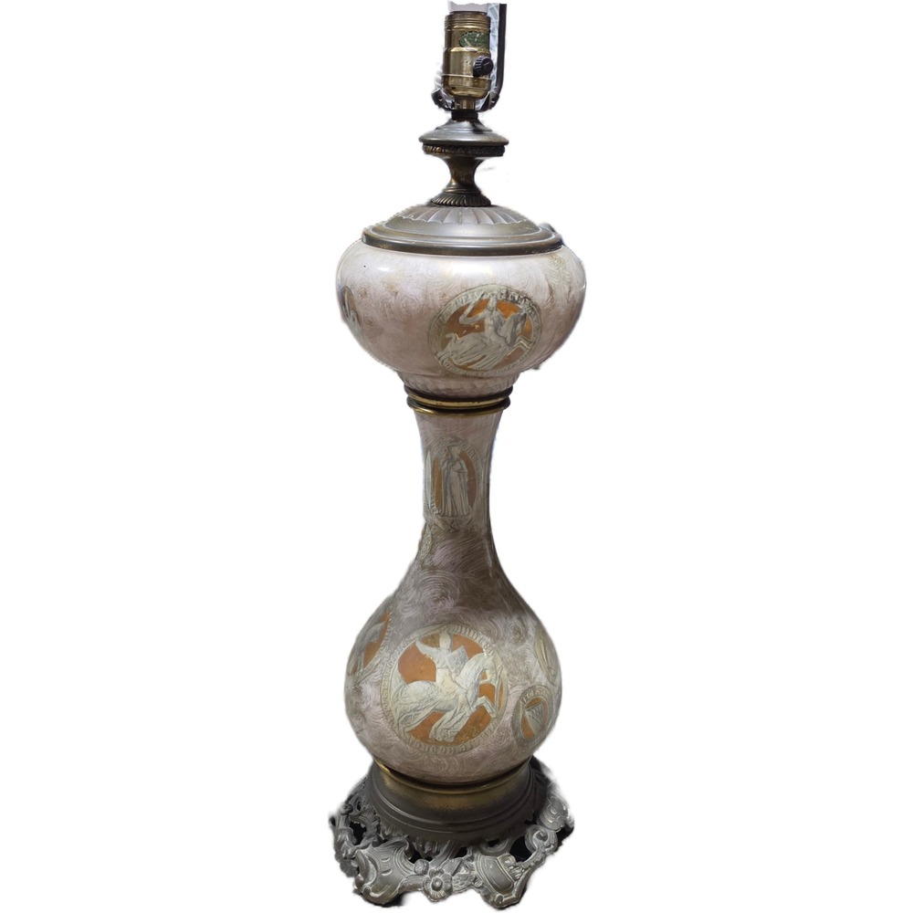 Vintage Glass Table Lamp Brass Base Medallion Greek Roman Large.
